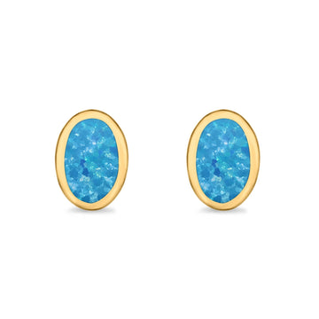 Solitaire Oval Stud Earrings Yellow Tone, Lab Created Blue Opal 925 Sterling Silver
